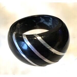 Vintage Bakelite Ring Black Dome w/ Silver Inlay Stripes Chunky Band Size 5